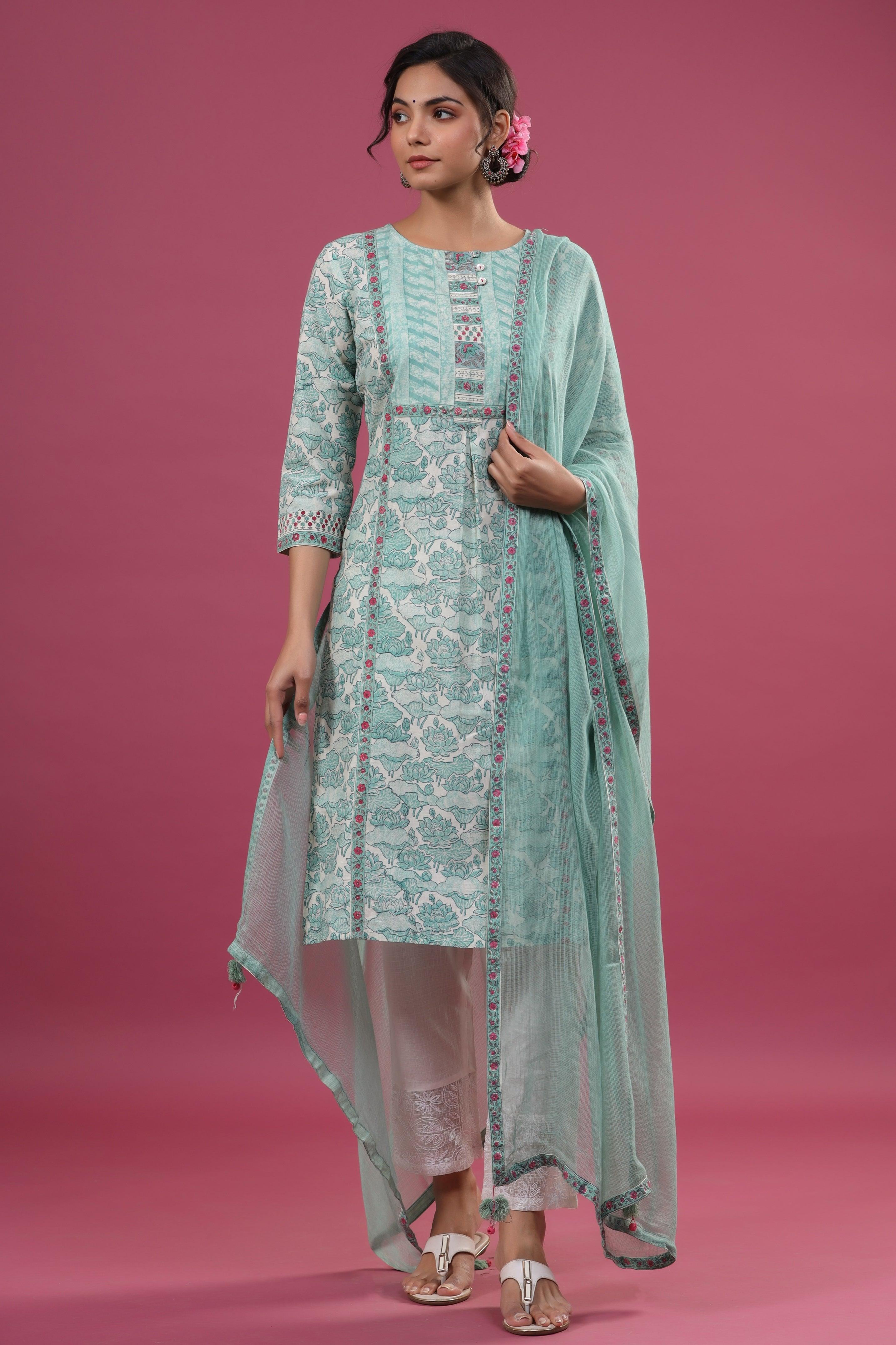 Ava Olive Green Floral Print Suit Set - Shilpi Handicrafts