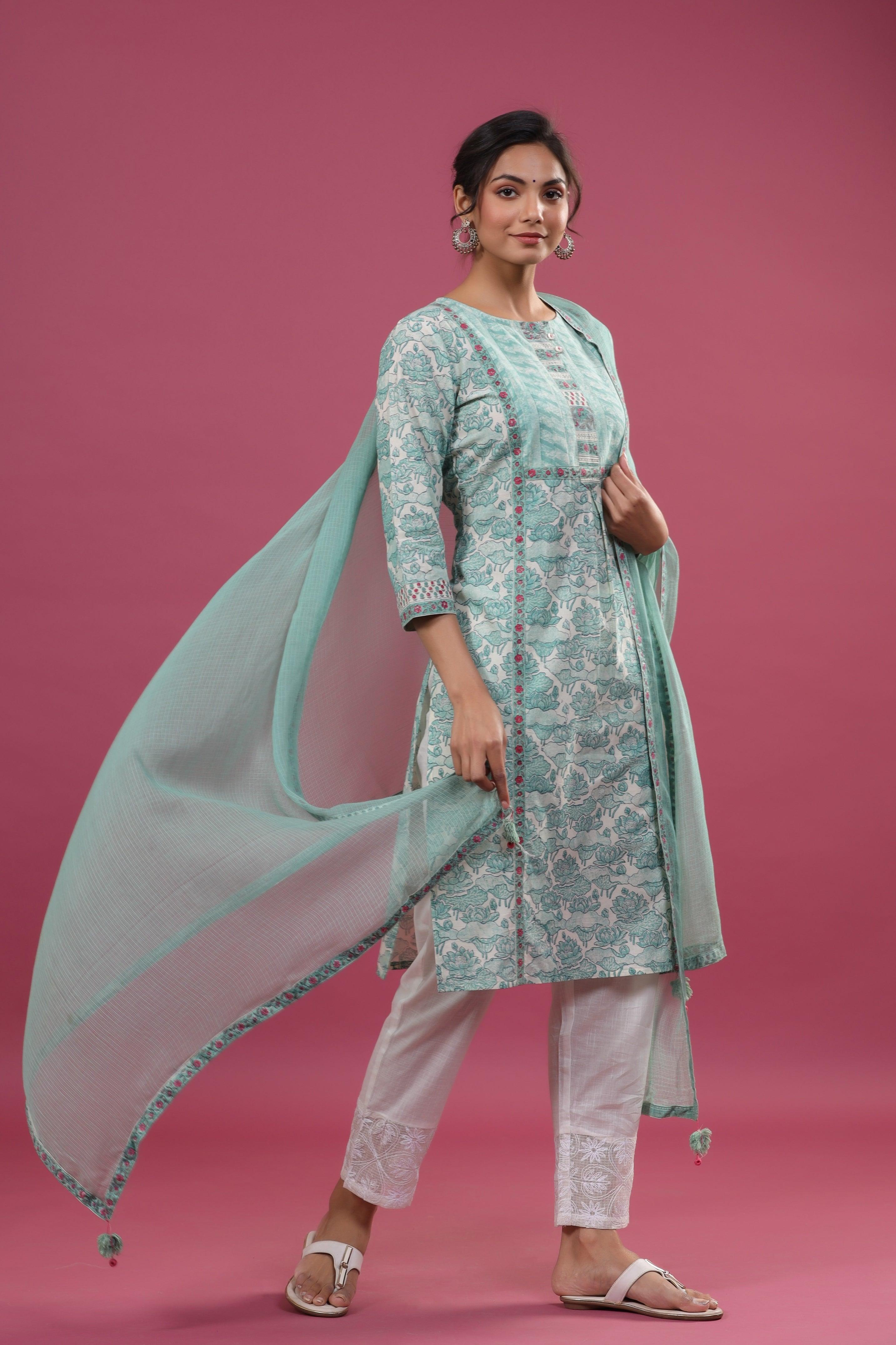 Ava Olive Green Floral Print Suit Set - Shilpi Handicrafts